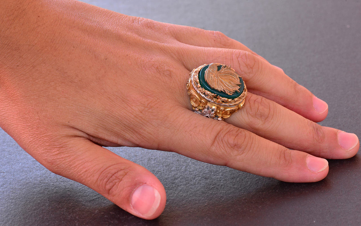 Jade Stone Ring - 925 Sterling Silver Signal Ring - Handmade Men's Gold Plated Ring (Hawk) — 6