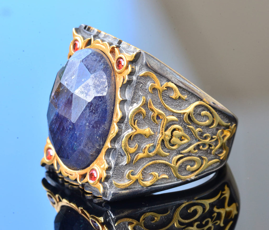 Men's Silver Sultan Ring - Natural Sapphire Stone — 4