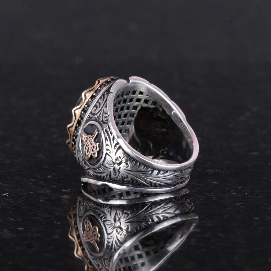 925 Sterling Silver Men's Ring, Amethyst Cat's Eye Natural Stone Ring, Ottoman Tughra Ring — 6