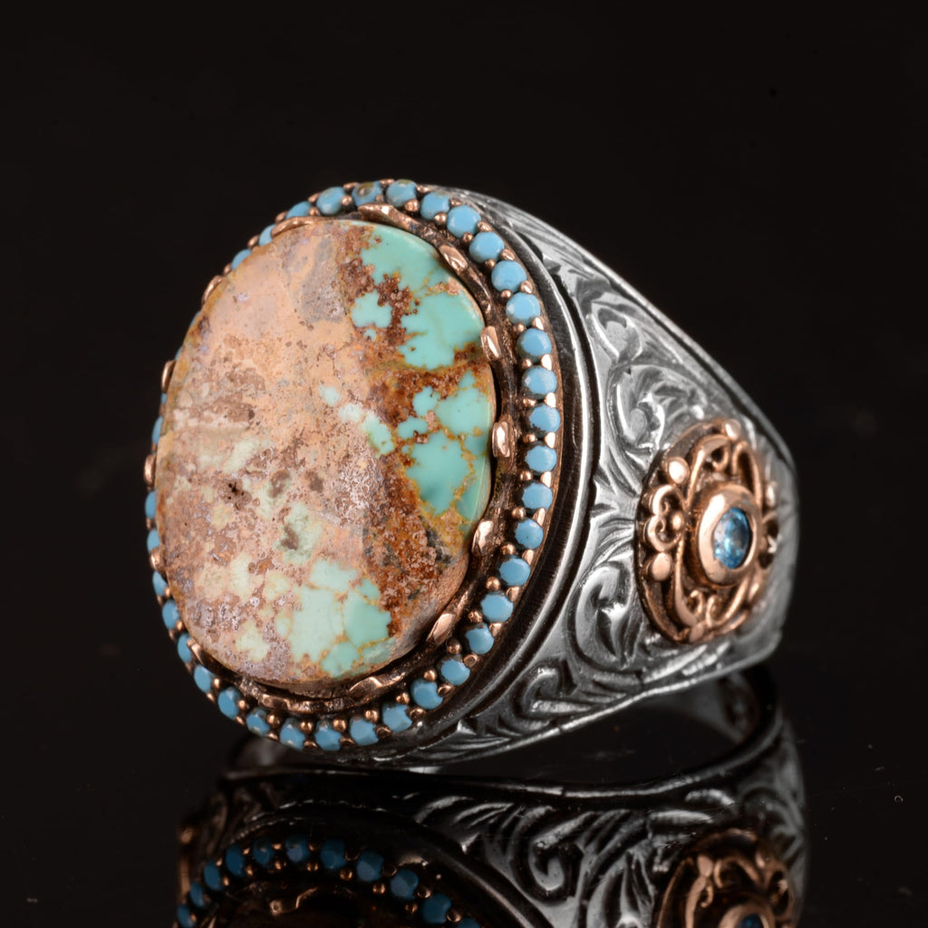 Men's Handmade Real Natural Arizona Turquoise Stone Ring, 925 Sterling Silver Ring (Model-2) — 5