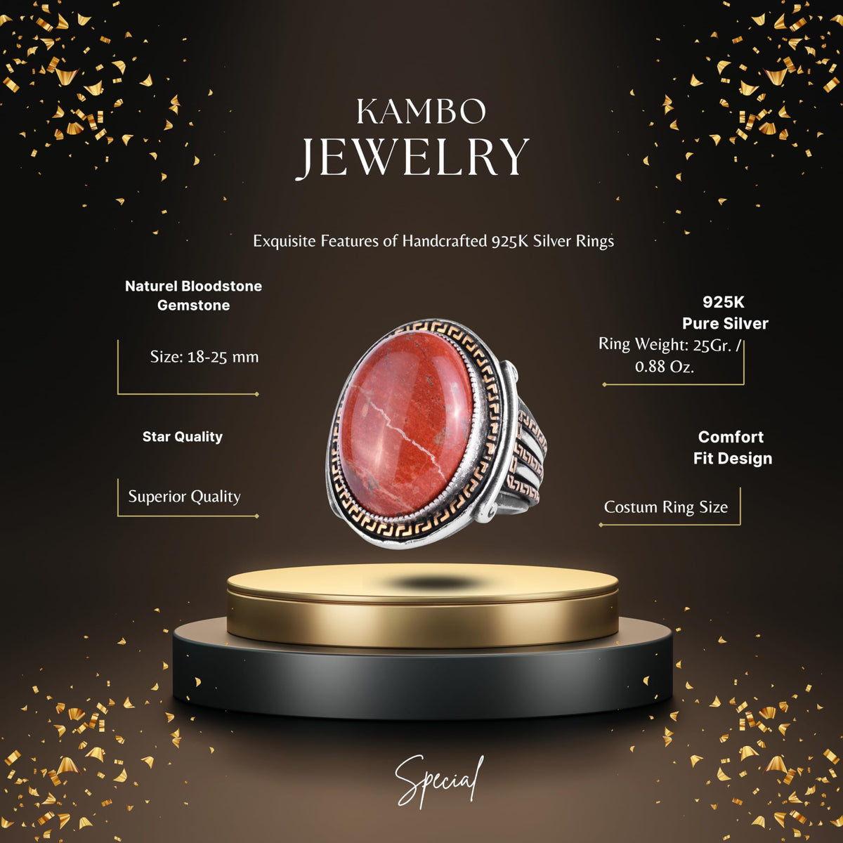 KAMBO Men's Genuine Natural Stone Ring – 925 Sterling Silver Large Statement Ring – Handmade Vintage Design – Dark Silver Ring (Red Jasper) — 2