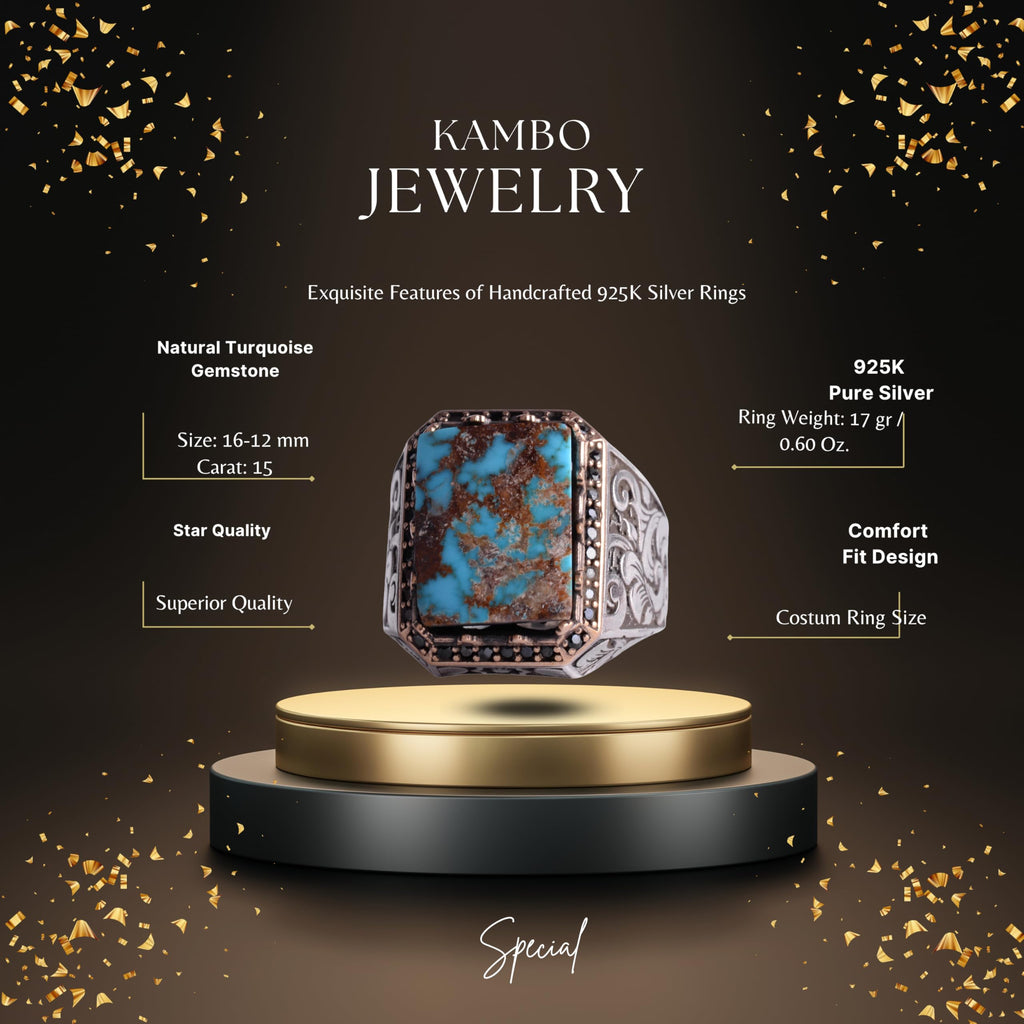 KAMBO Men's Natural Turquoise Stone Ring - 925 Sterling Silver Handmade Rectangular Statement Ring - Vintage Ottoman Style Jewelry — 2
