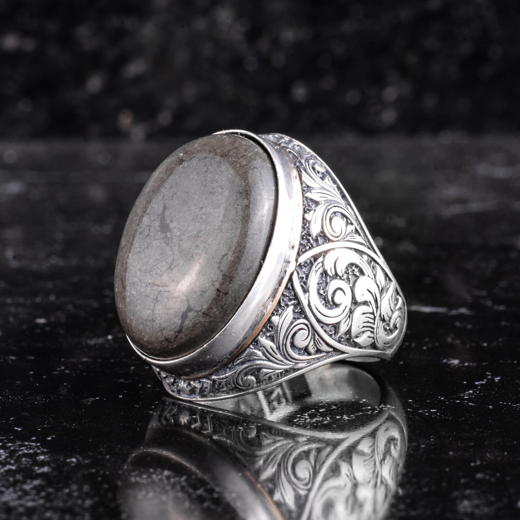 KAMBO Men's Natural Stone Large Ring - Oval Stone Vintage Flower Engraved Statement Ring - 925 Sterling Silver Handmade Men's Jewelry — 5