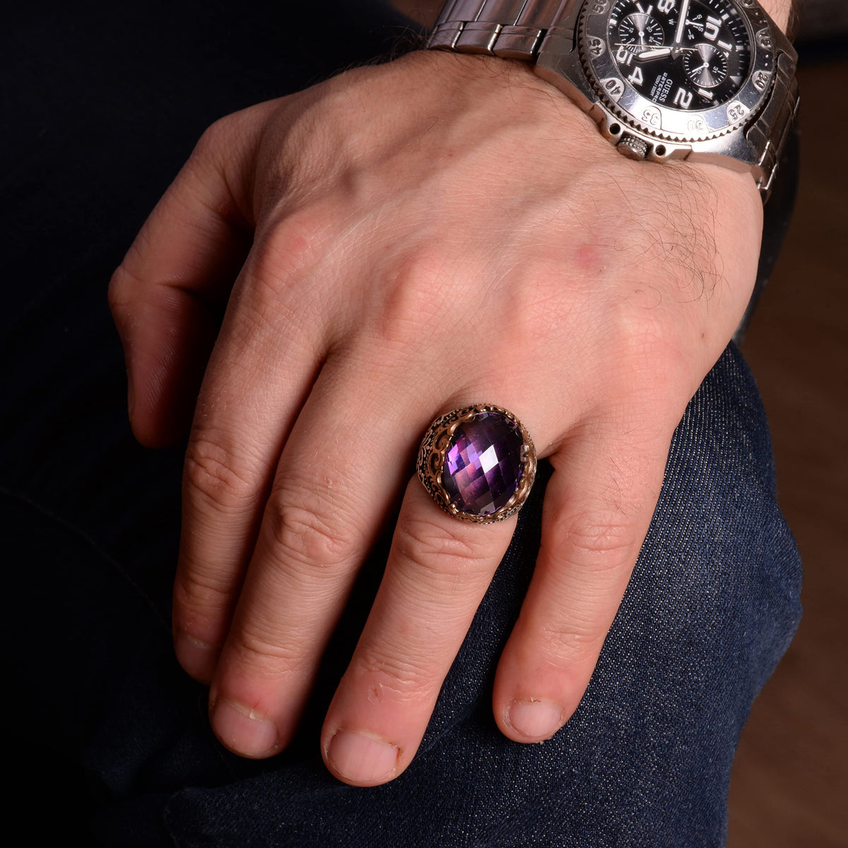 925 Sterling Silver Synthetic Amethyst Stone Men's Ring – Vintage Handcrafted Design — 6