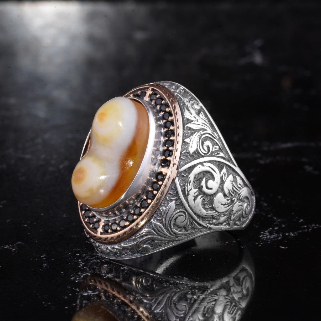 Men's Natural Stone Large Ring – Oval Stone Vintage Byzantine Engraved Statement Ring - Antique Filigree 925 Sterling Silver Jewelry (Yemen Agate) — 4