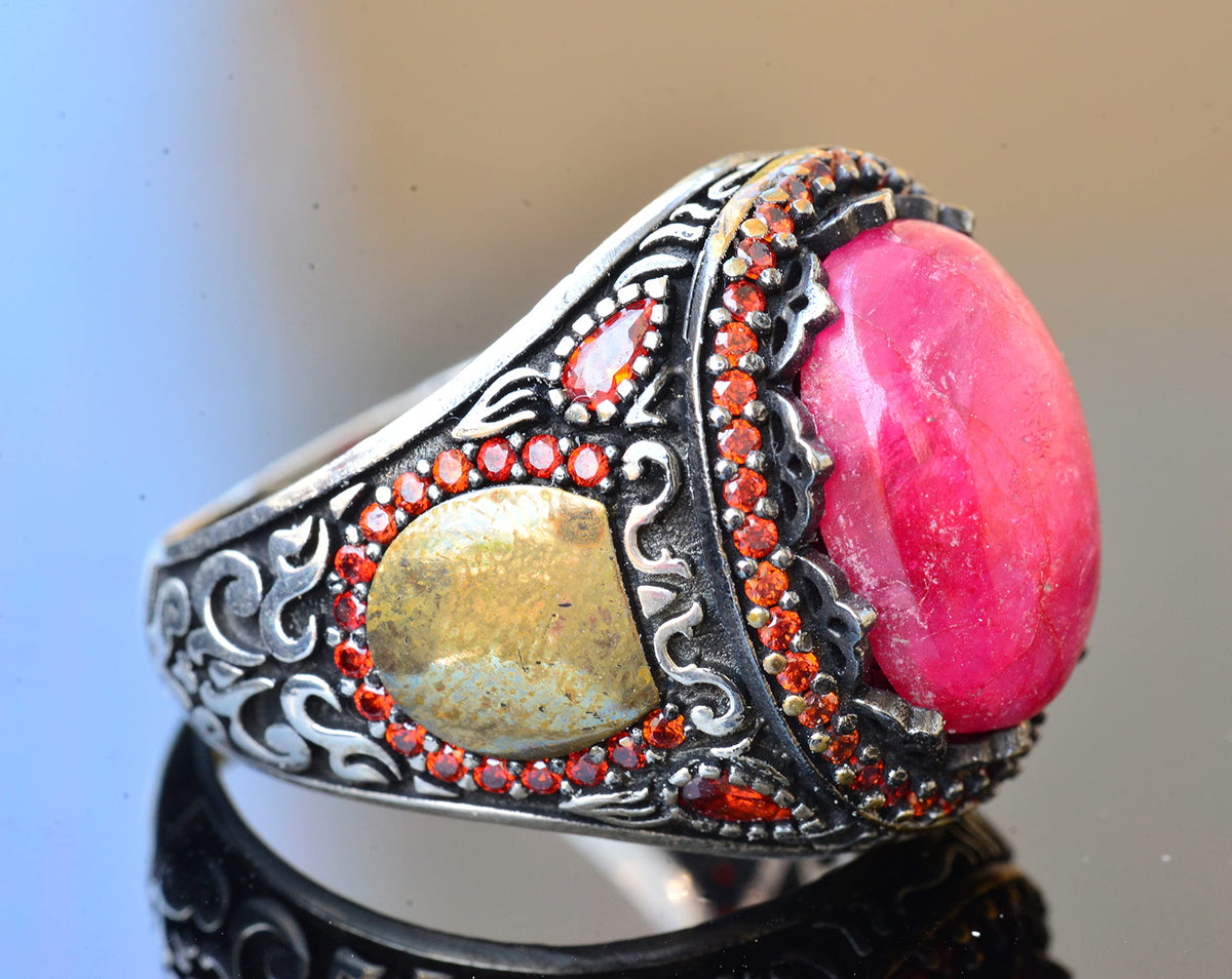 Real Ruby Stone Ring - Vintage Style 925 Sterling Silver Men's Ring — 4