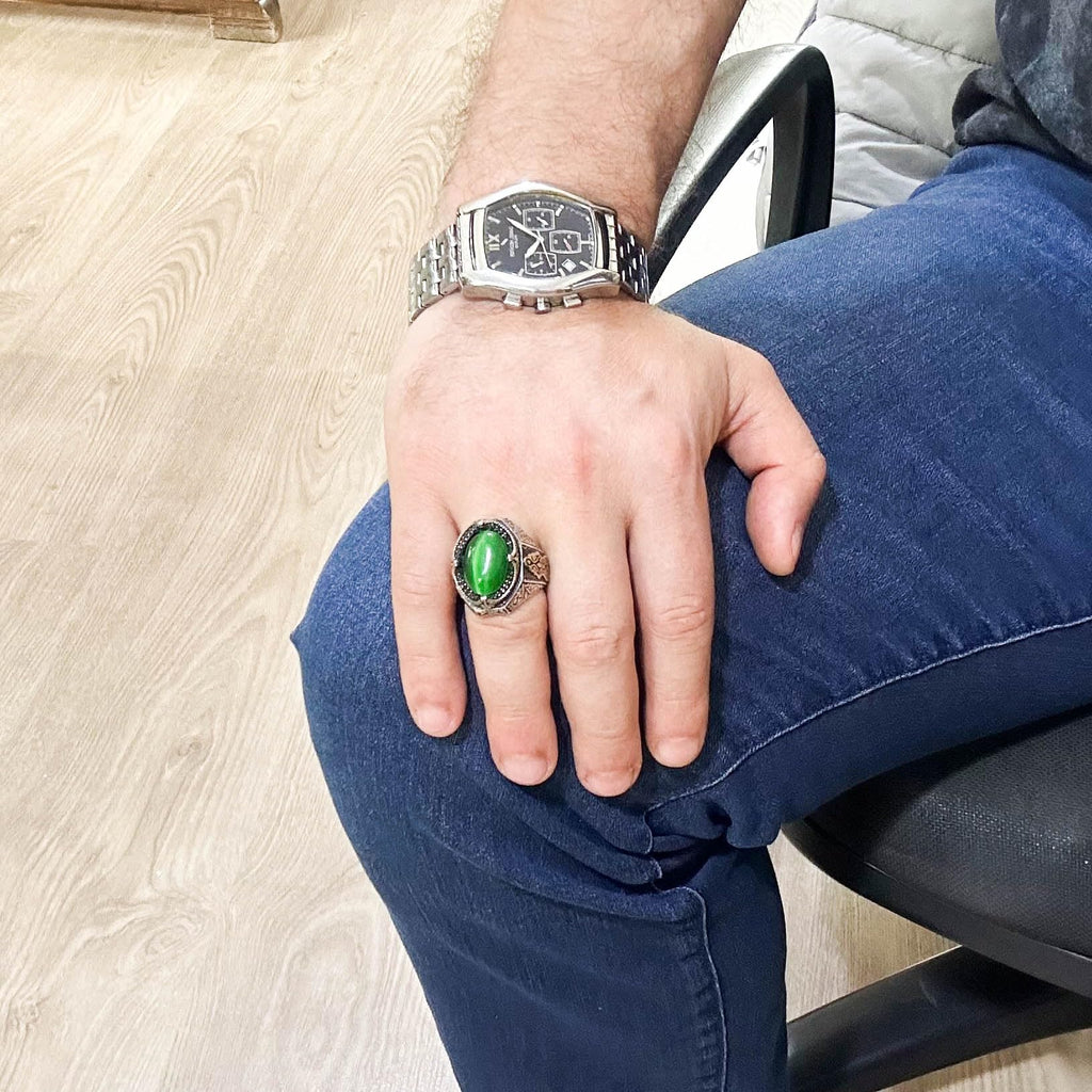 925 Sterling Silver Ring, Green Cat's Eye Stone Ring, Designer Silver Men's Ring — 3