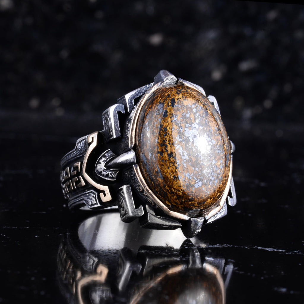 KAMBO Natural Stone Ring 925 Sterling Silver – Handmade Men's Statement Ring Healing Jewelry (Bronzite) — 6