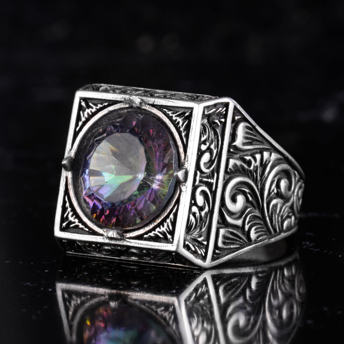 KAMBO Natural Round Stone Square Men's Ring 925 Sterling Silver – Ottoman Pattern Handmade Stone Ring (Mystic Topaz) — 6