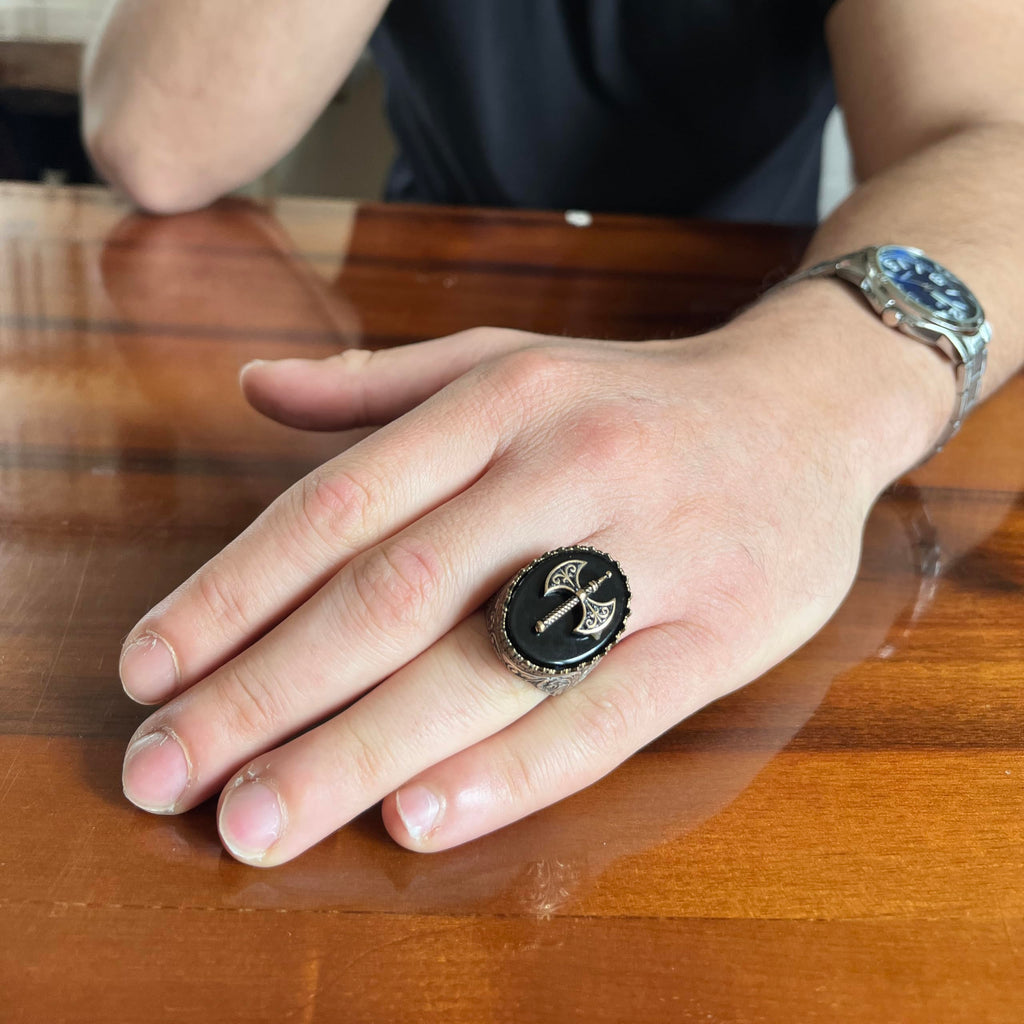 KAMBO Natural Stone 925 Sterling Silver Men's Ring – Large Oval Stone Symbolic Statement Ring (Onyx-2) — 3