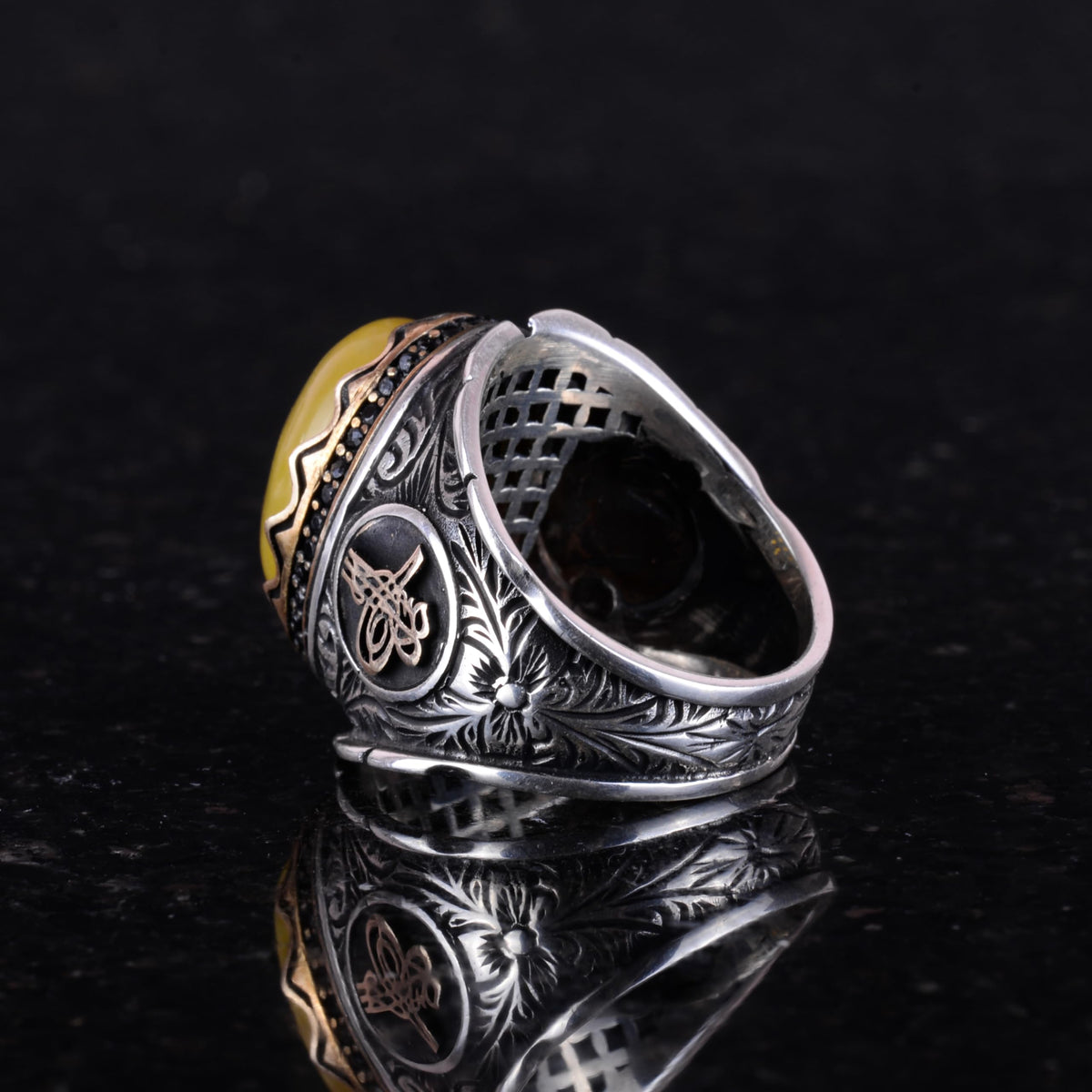 Ottoman Tugra Silver Ring, Natural Yellow Agate Stone Ring — 7