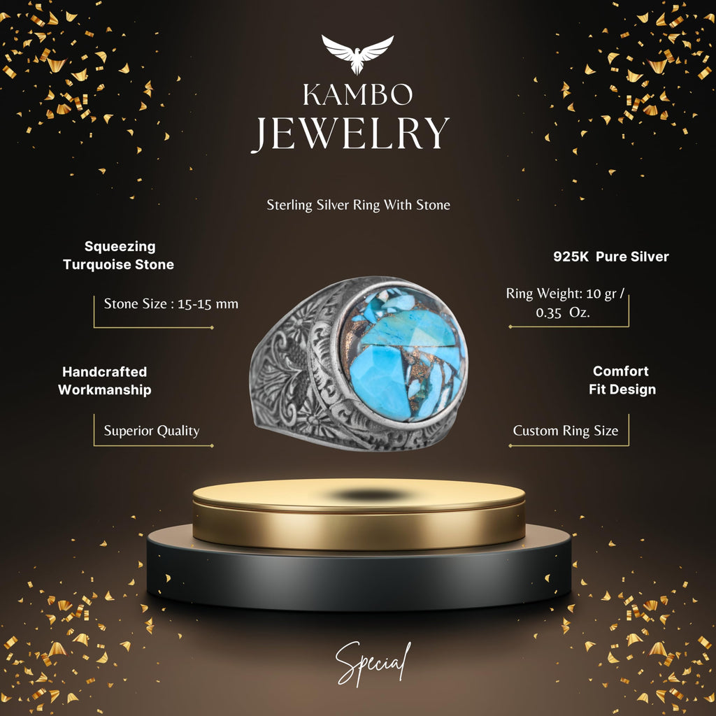 Silver Men's Ring with Natural Turquoise Stone and Detailed Flower Design — 2