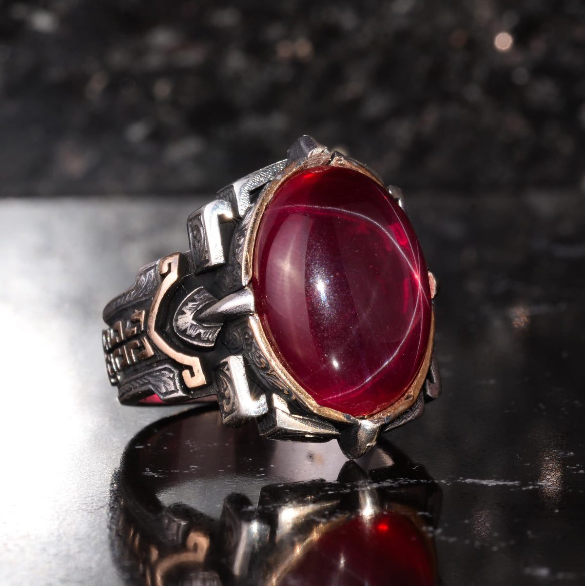 KAMBO Natural Stone Ring 925 Sterling Silver – Handmade Men's Statement Ring Healing Jewelry (Star Ruby) — 6