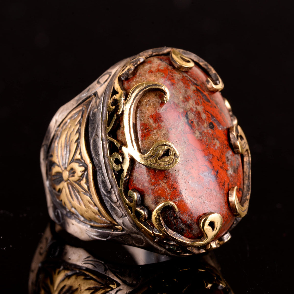 925 Sterling Silver Men's Ring - Natural Blood Stone Ottoman Effect Design — 3