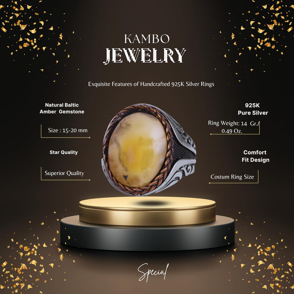 KAMBO Men's Natural Baltic Amber Stone Ring – 925 Sterling Silver Handmade Statement Ring – Authentic Amber Jewelry with Ottoman Style Details (Style-9) — 2