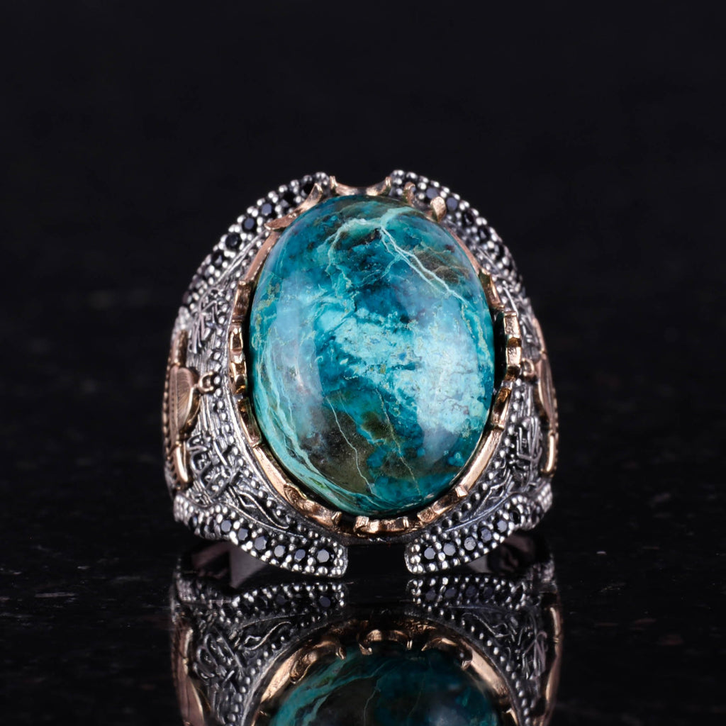 Natural Chrysocolla Stone Ring, 925 Sterling Silver Men's Ring — 3