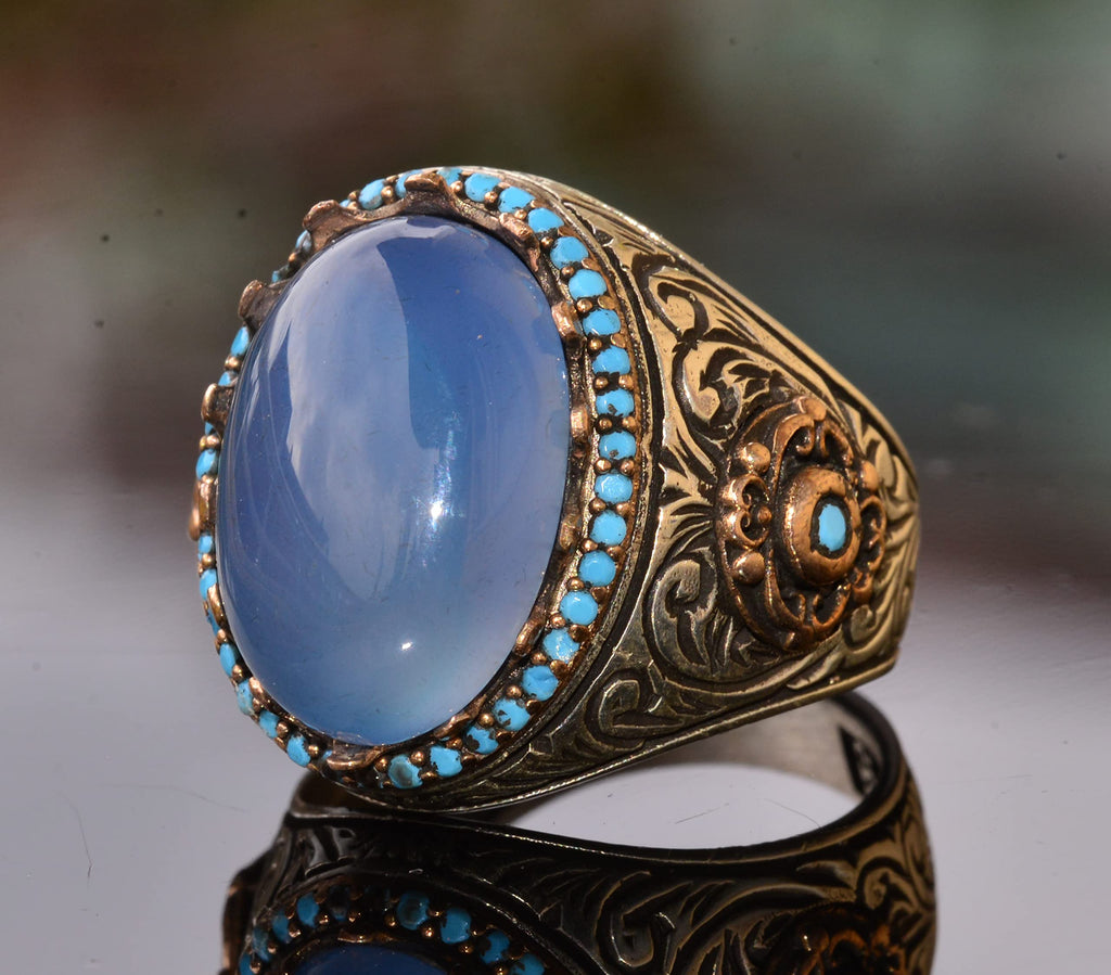 KAMBO Handmade Men's Sterling Silver Ring with Real Natural Chalcedony Gemstone, 11.40 Carat, Vintage Statement Cocktail