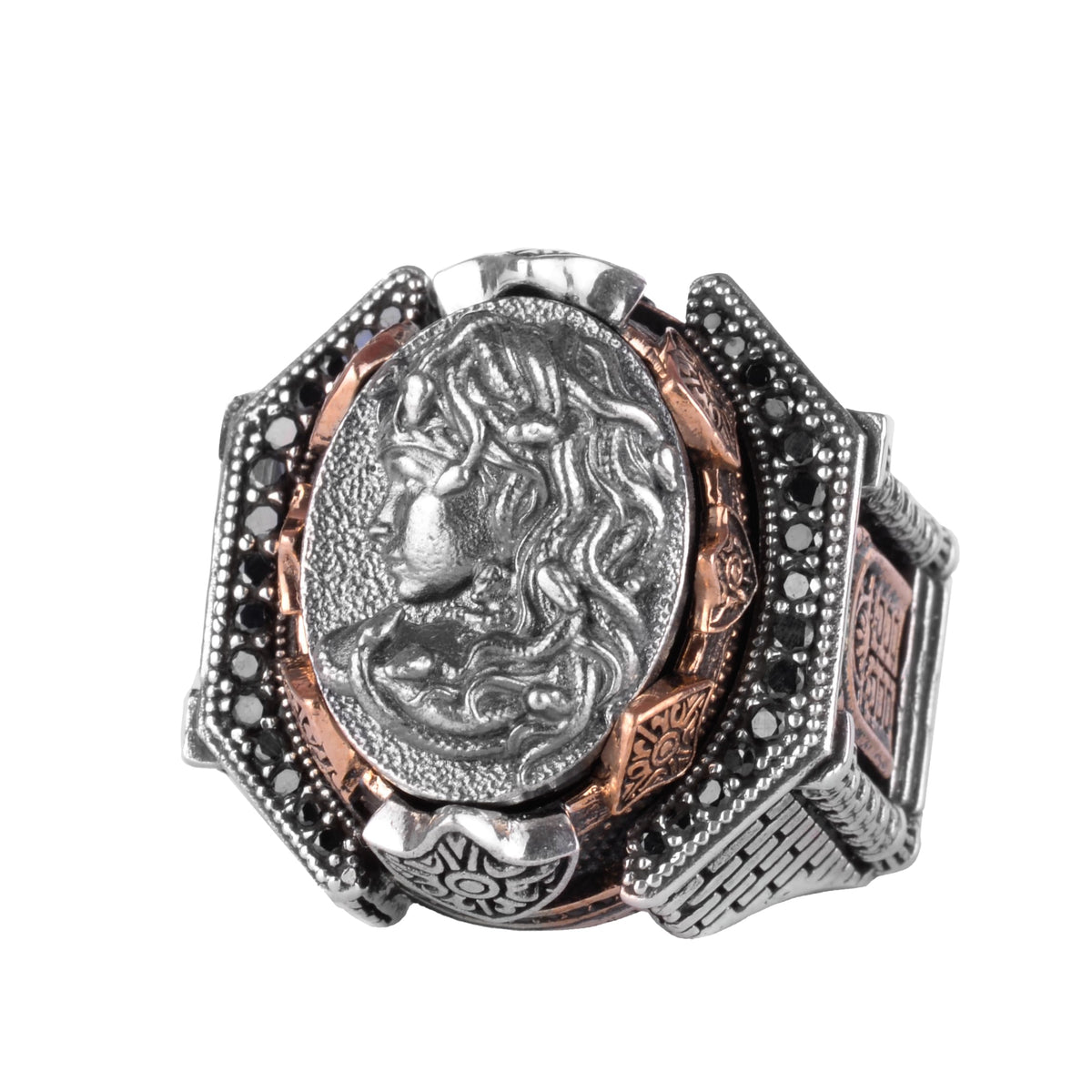 KAMBO Large Men's 925 Sterling Silver Ring Figure – Bronze Detail – Carved Statement Ring (Medusa)