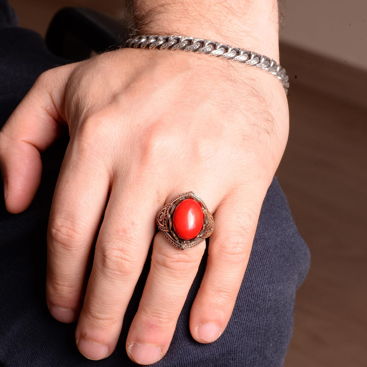 King Ring - Natural Coral Stone Handcrafted Ring - 925 Sterling Silver — 6
