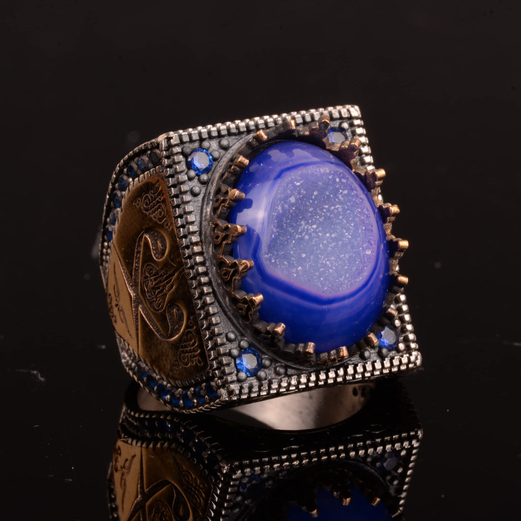 Natural Blue Druzy Quartz Stone Men's Ring — 4