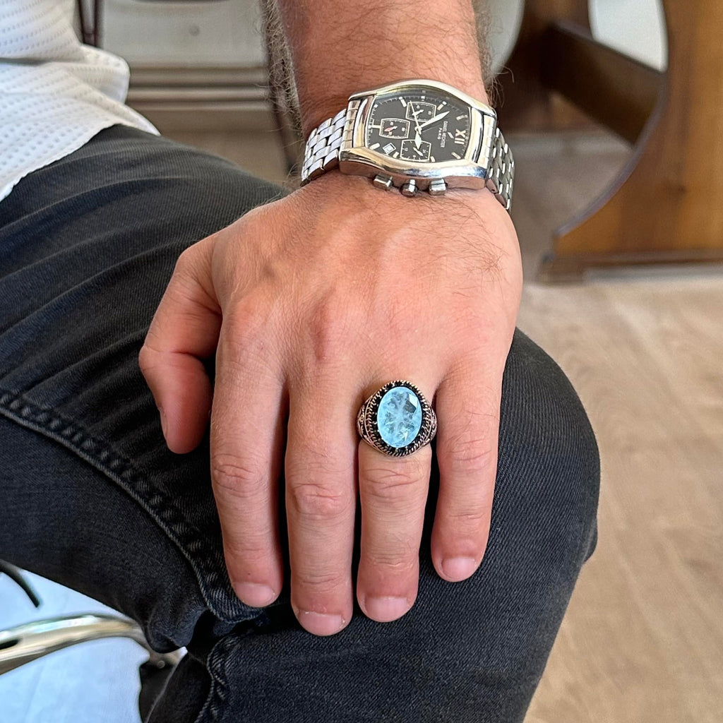 925 Sterling Silver Ring, Synthetic Stone Ring, Eagle Symbol Ring, Handcrafted Ring (Synthetic Light Blue Paraiba) — 3
