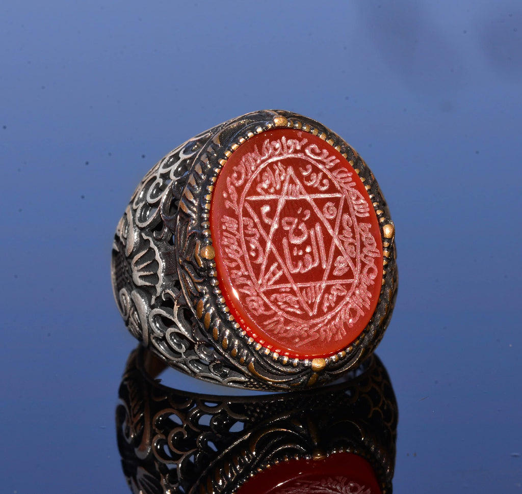 Handcrafted Solomon's Seal Ring, Genuine Red Agate Stone, Islamic Men's Ring, 925 Sterling Silver — 3