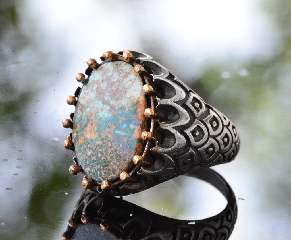 KAMBO Handmade Natural Turquoise Men's Ring in 925 Sterling Silver | Bold Earthy Gemstone Design | Vintage Statement Jew