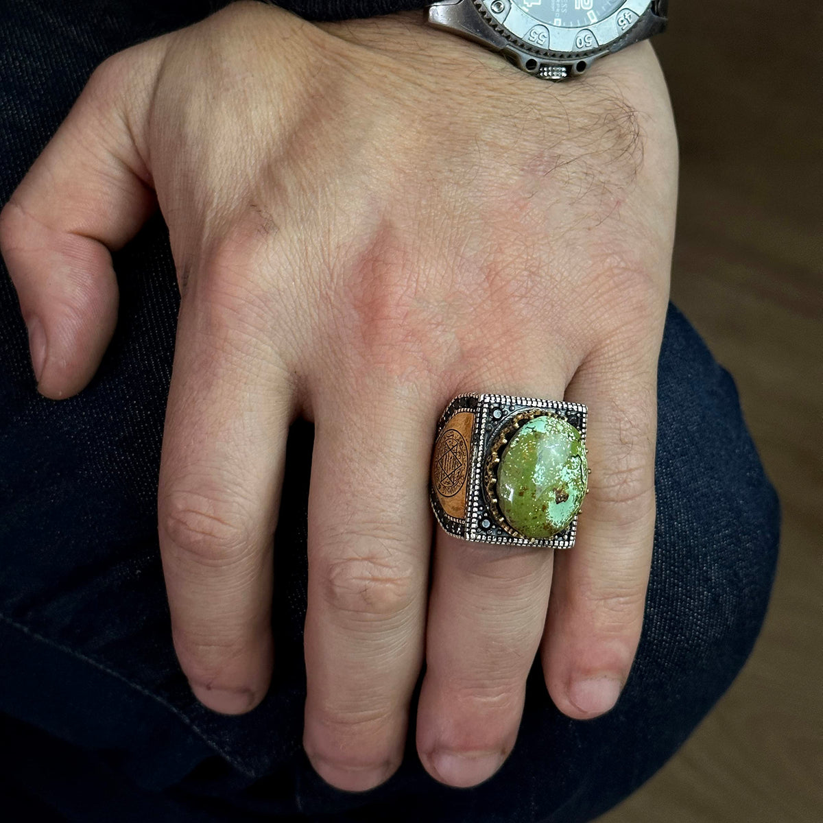 KAMBO Authentic Natural Arizona Turquoise Stone Ring, Handmade Unique Ring, Men's 925 Sterling Silver Ring — 6