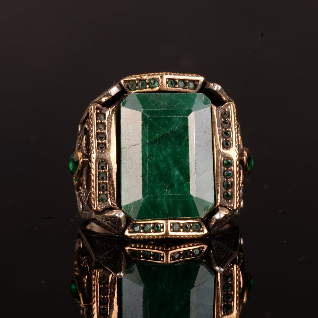 Natural Emerald Stone Ring, 925 Sterling Silver Men's Ring — 5