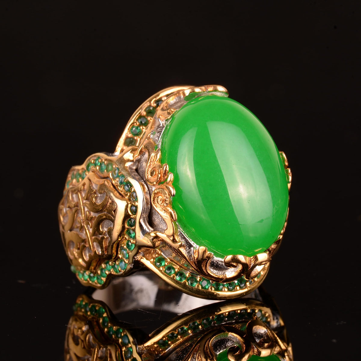 Natural Jade Stone Silver Ring - Gold Plated — 5