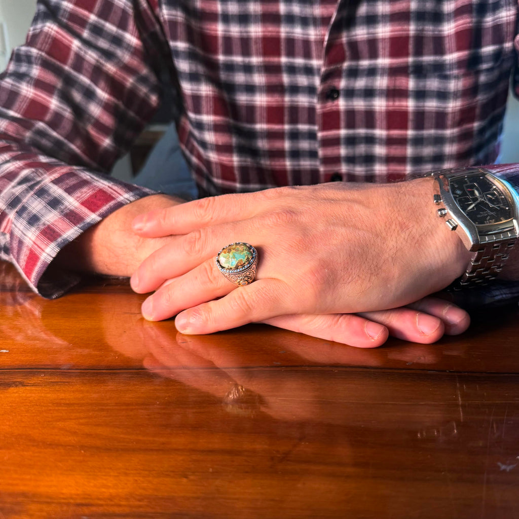 KAMBO Authentic Arizona Turquoise Stone Men's Ring - Natural Stone Handmade 925 Sterling Silver (Model-4) — 3