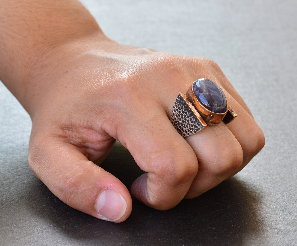 Natural Amethyst Stone Hammer Tattoo Watch Men's Silver Ring - 925 Sterling Silver — 6
