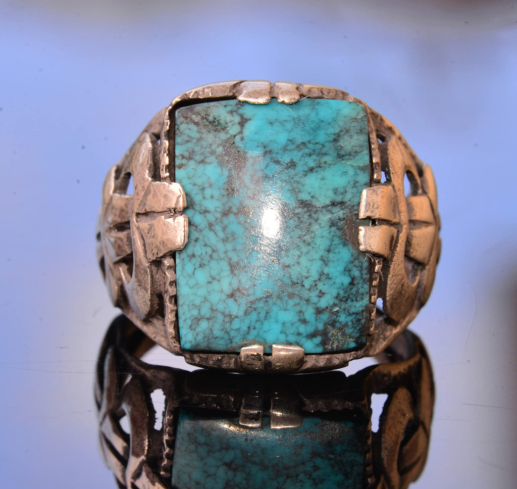 KAMBO Handmade Natural Turquoise Men's 925 Sterling Silver Ring, Vintage Gemstone Statement Design, Solid Silver Band, G