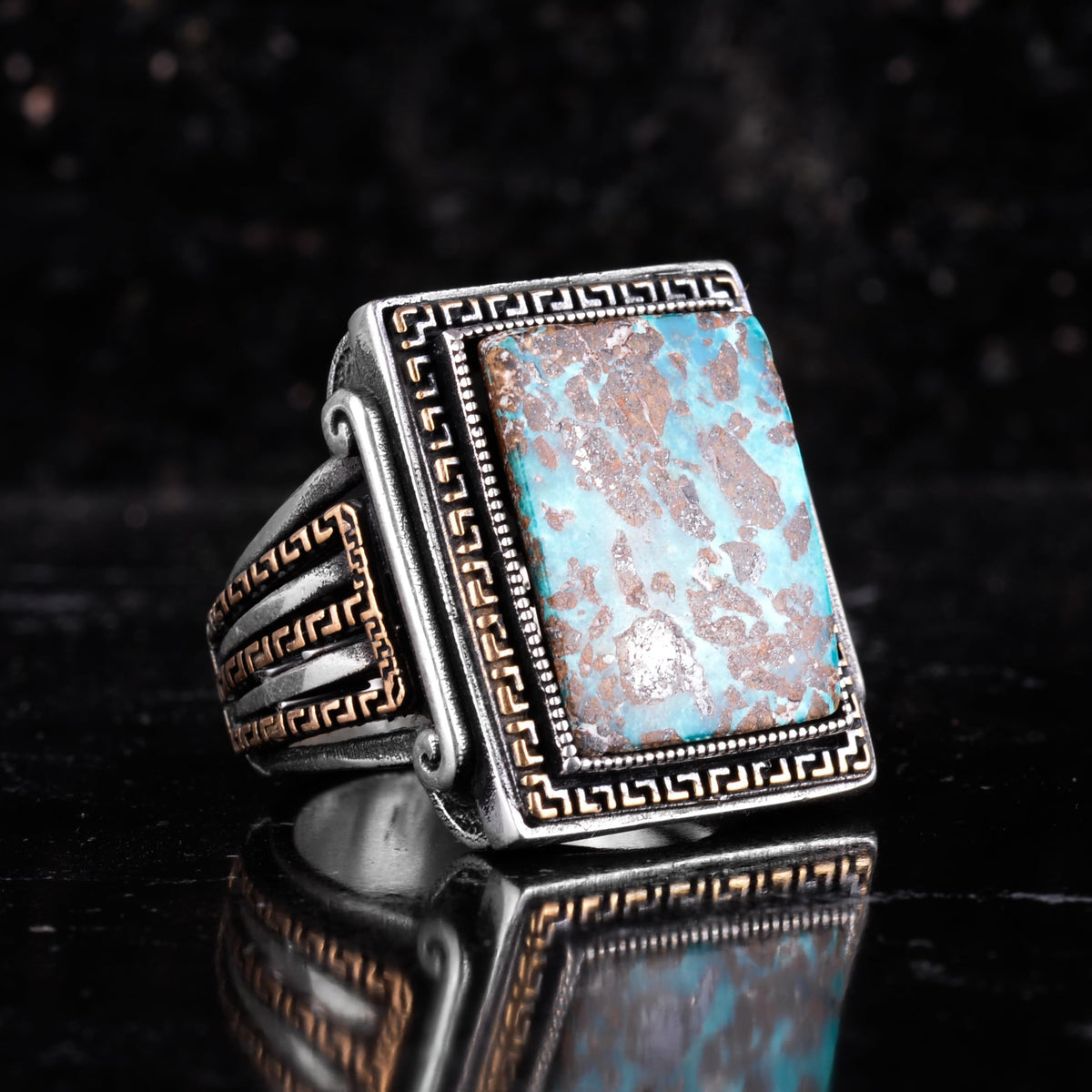KAMBO Natural Turquoise Stone Large Ring for Men - 925 Sterling Silver Handmade Rectangular Statement Ring - Greek Pattern Vintage Jewelry — 6