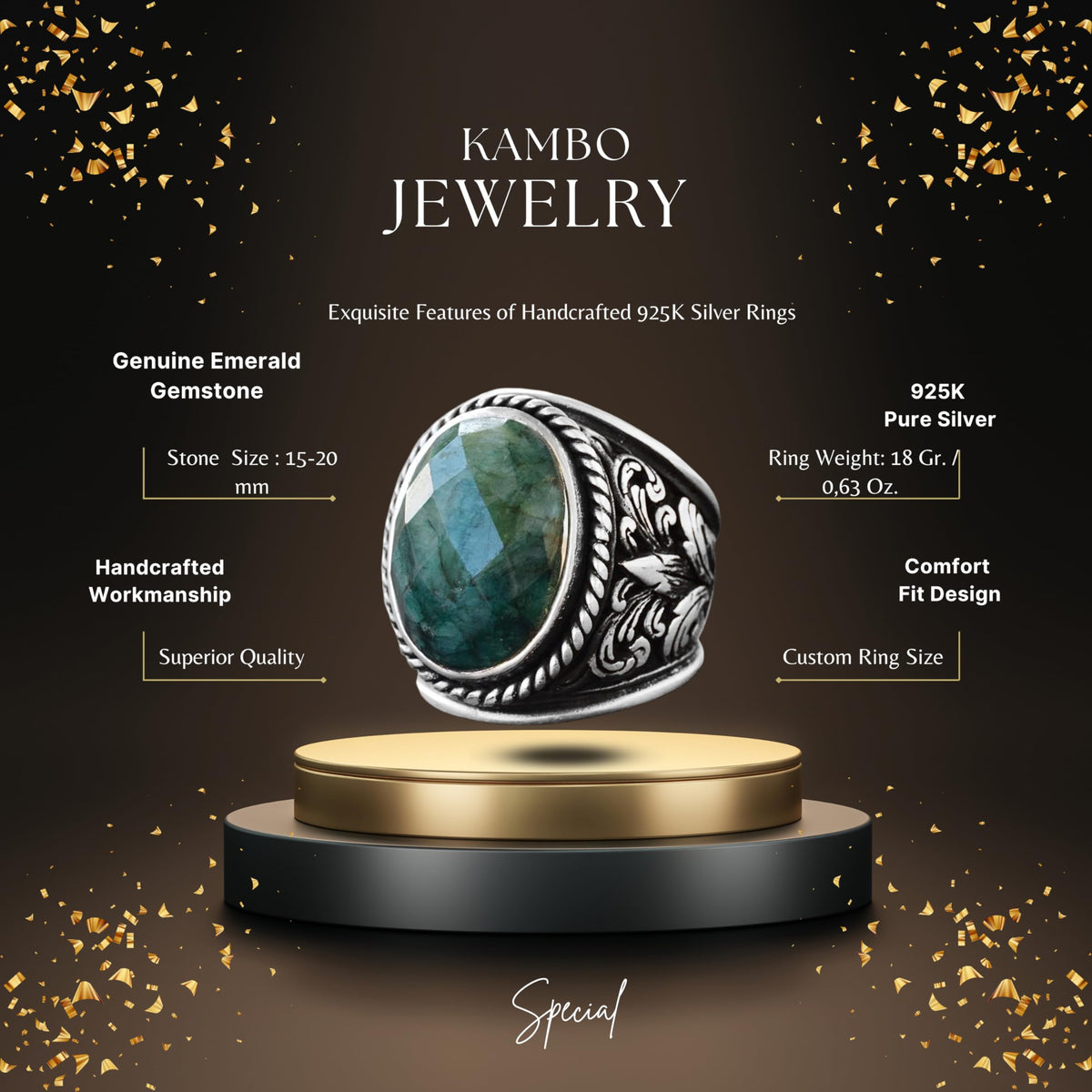Natural Emerald Stone Silver Men's Ring (Model-2) — 2