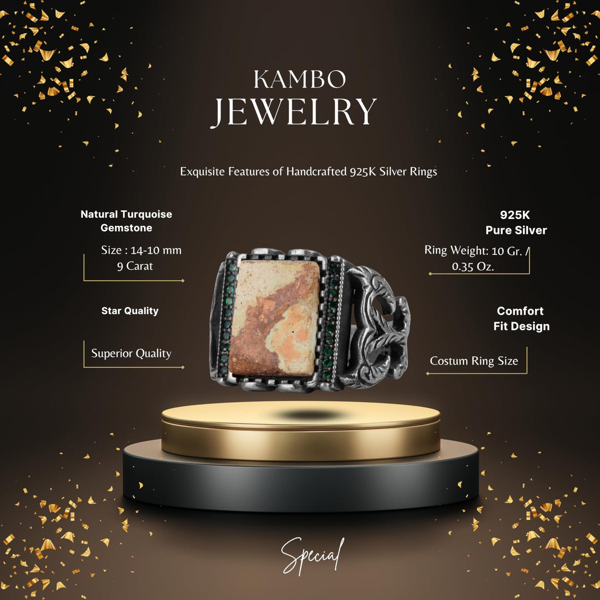KAMBO Natural Arizona Turquoise 925 Sterling Silver Men's Ring – Rectangular Stone Ottoman Style Engraved Design (Style-2) — 2