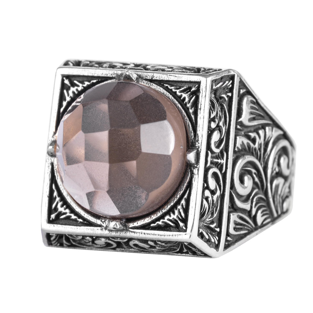 KAMBO Natural Round Stone Square Men's Ring 925 Sterling Silver – Ottoman Pattern Handmade Stone Ring (Smoky Quartz)