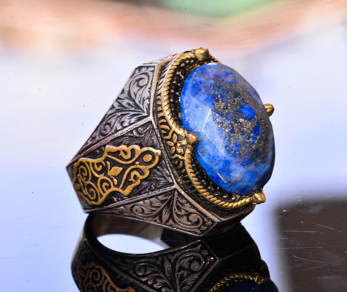 Handmade Vintage Design Emerald Ring - 925 Sterling Silver Men's Ring with Gold Accents (Sodalite) — 4