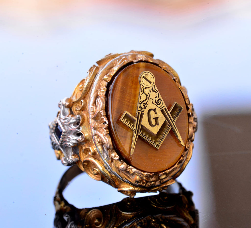 Mason Ring - Master Mason Silver Ring, Tiger Eye Stone, Gold Plated — 3