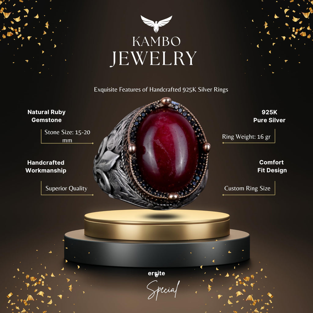 925K Silver Handmade Men's Ring - Available with Different Natural Stones (Cabochon Ruby) — 7