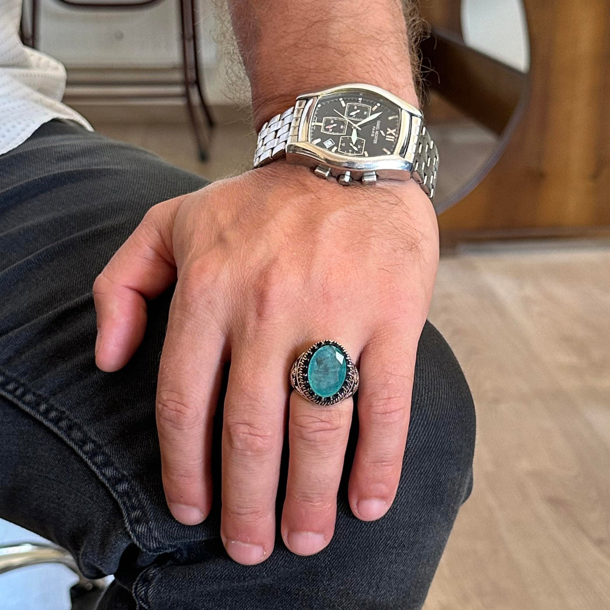 925 Sterling Silver Ring, Artificial Stone Ring, Eagle Symbol Ring, Handcrafted Ring (Artificial Green Paraiba) — 3