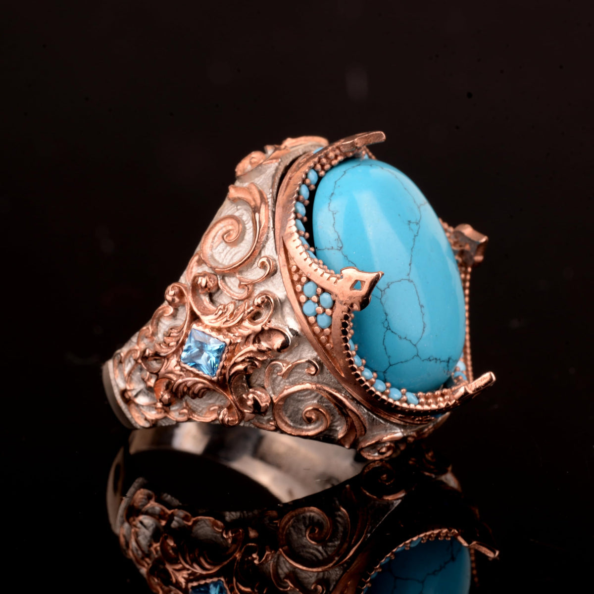 925 Sterling Silver Men's Ring, Artificial Turquoise Stone Ring — 5