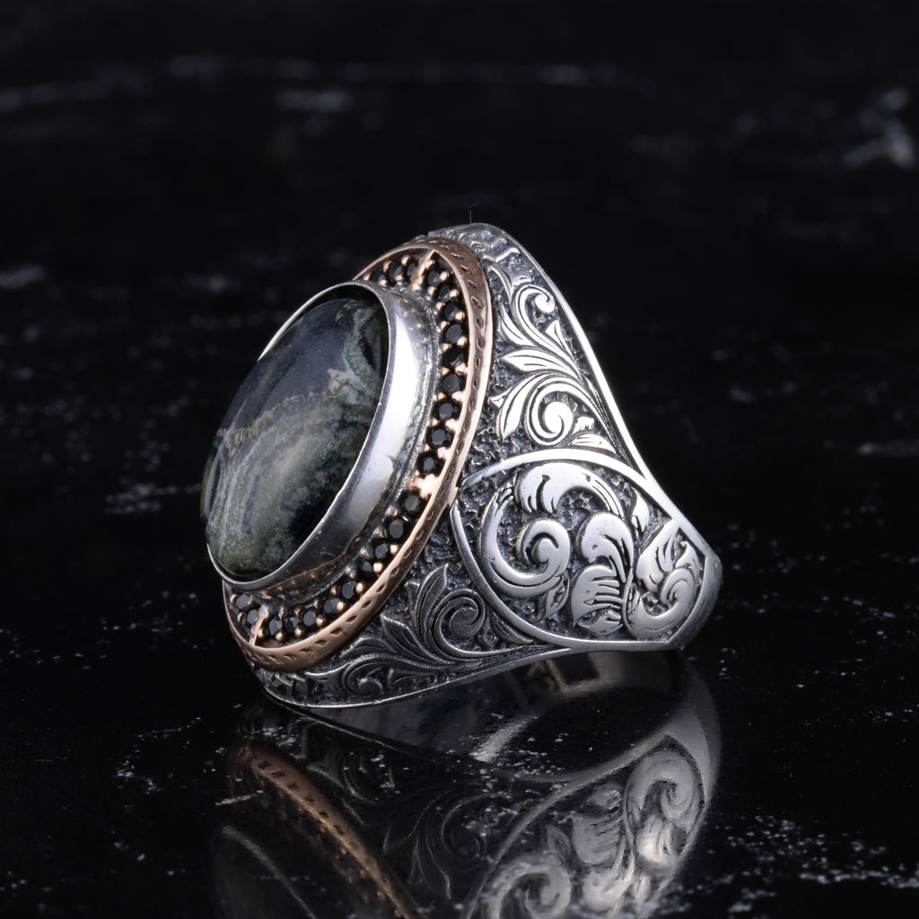 Men's Natural Stone Large Ring – Oval Stone Vintage Byzantine Engraved Statement Ring - Antique Filigree 925 Sterling Silver Jewelry (Green Nazar) — 5