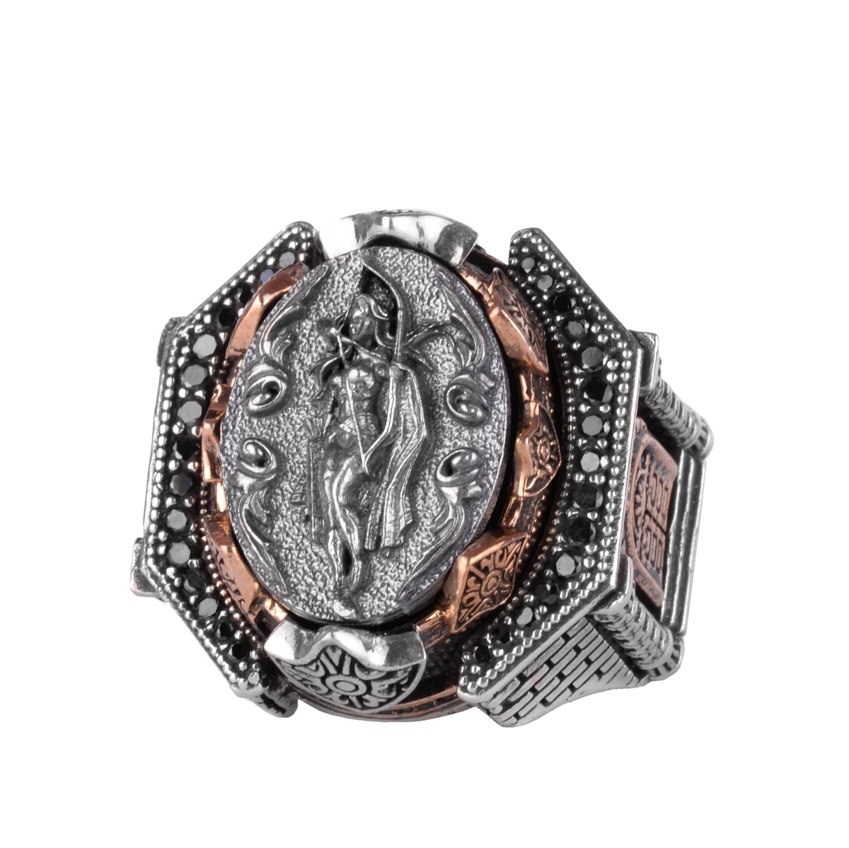 KAMBO Large Men's 925 Sterling Silver Ring Figure – Bronze Detail – Carved Statement Ring (Eros)
