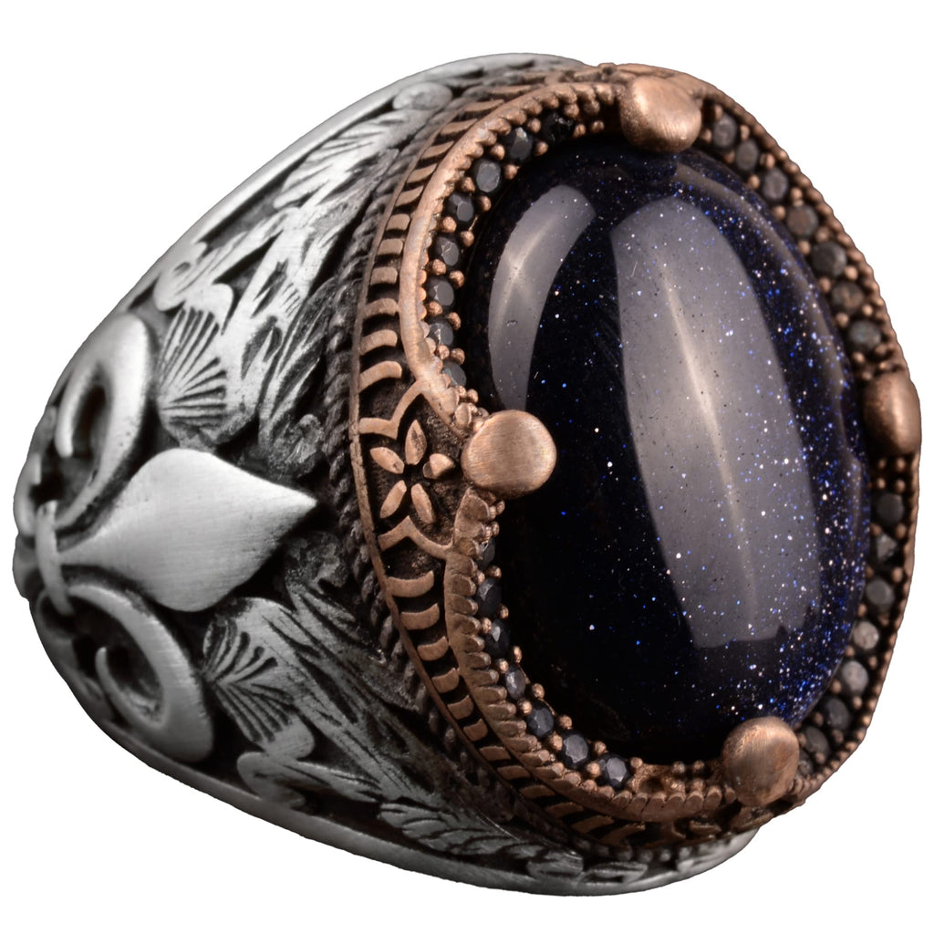 Blue Star Ring, Synthetic Blue Stone Ring, 925 Sterling Silver, Moon Star Men's Ring, Sky Blue Ring, Father's Day Gift