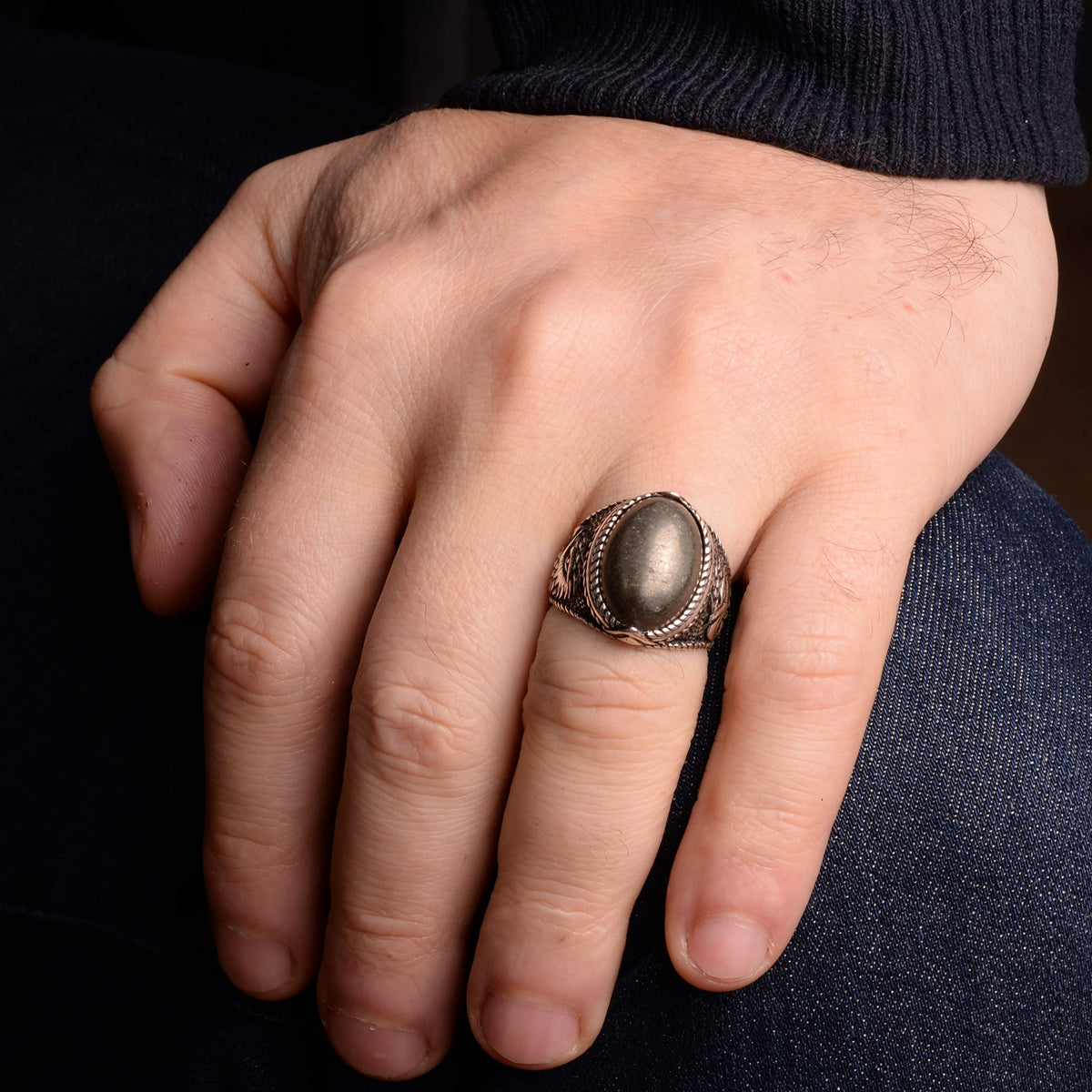 Natural Pyrite Stone Ring, 925 Sterling Silver Men's Ring — 6