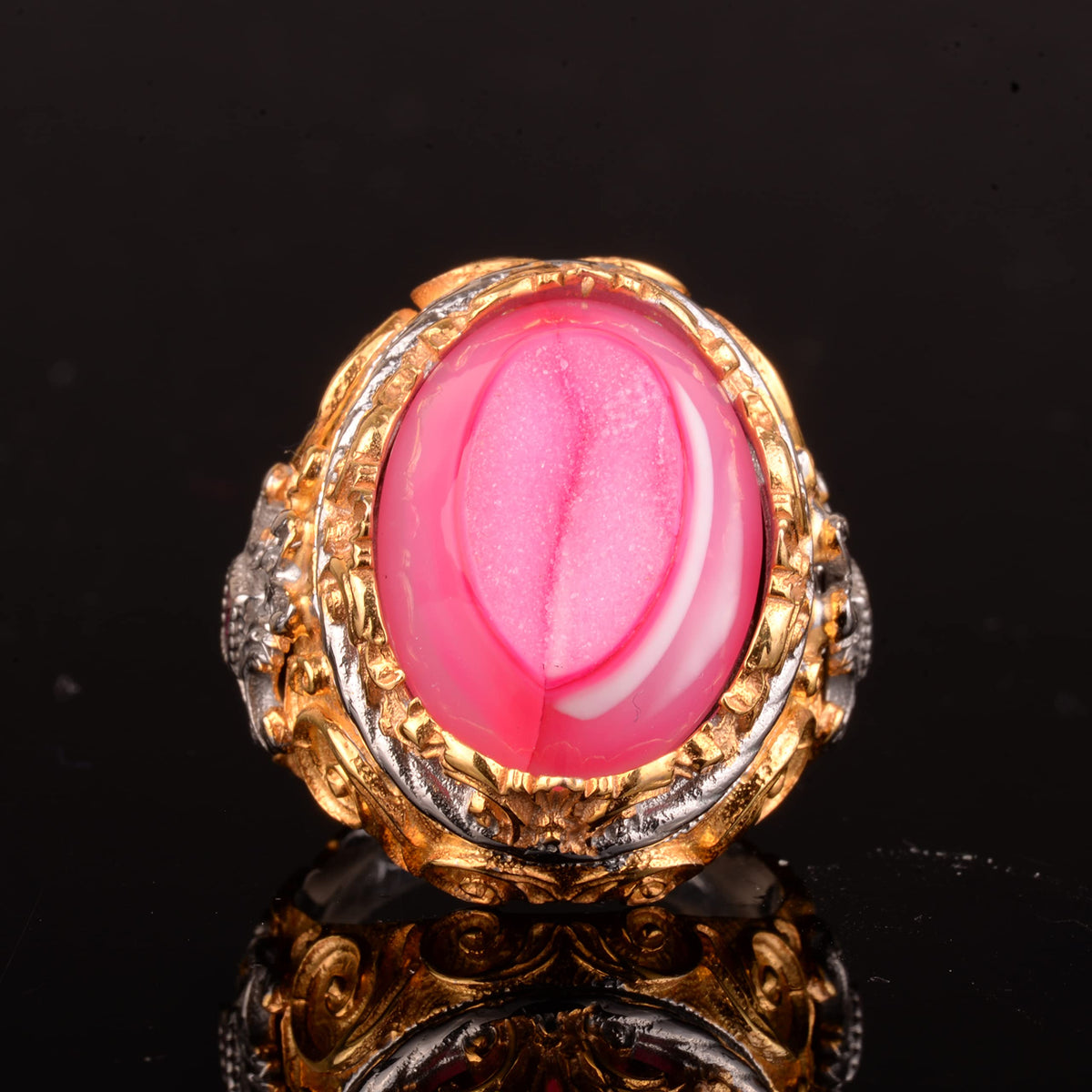 Silver Men's Ring - Gold Plated, Real Crystal Druzy Quartz Pink Natural Stone — 5