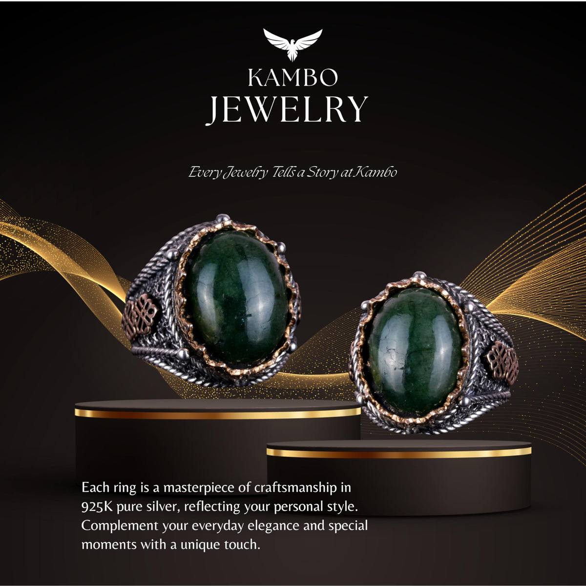 Handcrafted Natural Cabochon Emerald Ring - 925 Sterling Silver Men's Ring — 6