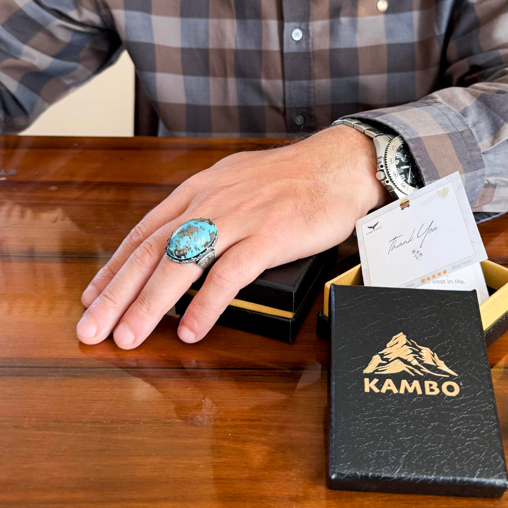 KAMBO 925 Sterling Silver Natural Turquoise Stone Large Men's Ring – Handmade Spiritual Healing Jewelry (Style-3) — 3