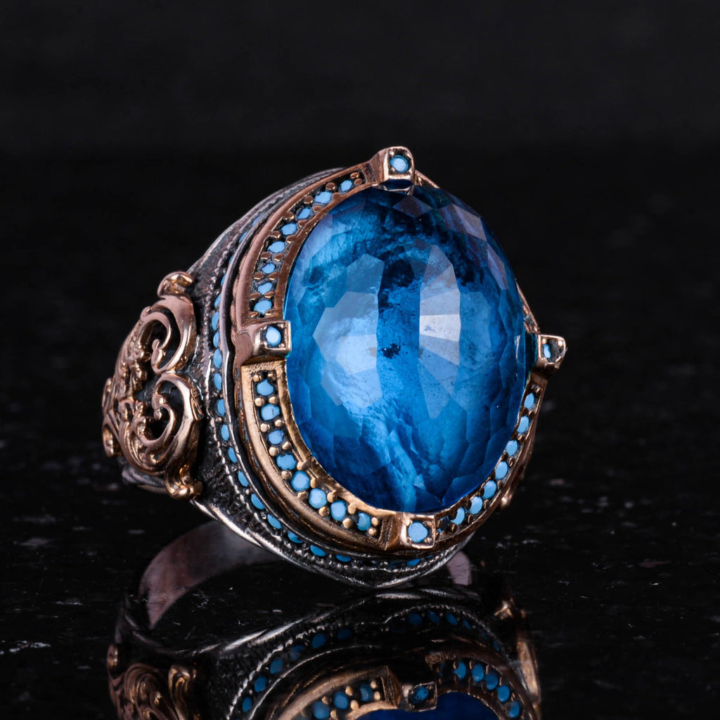 925 Sterling Silver Men's Ring, Synthetic Aquamarine Stone, Handcrafted Vintage Design Statement Ring — 5